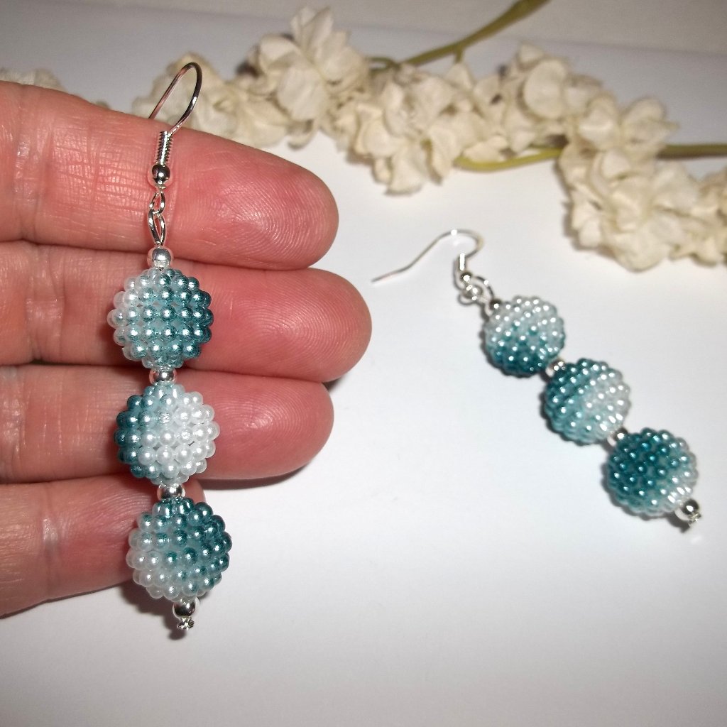 Statement Earring White Faux Pearl And Blue Beaded Dangle Drop Unique Ombre C861 20$